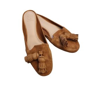 Tory Burch Salinas Tassel Mule Slide Women's Size 6 Caramel Suede Flat Sandals